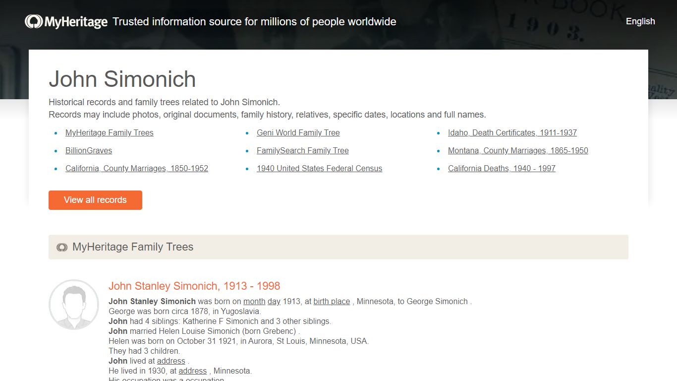 John Simonich - Historical records and family trees ...
